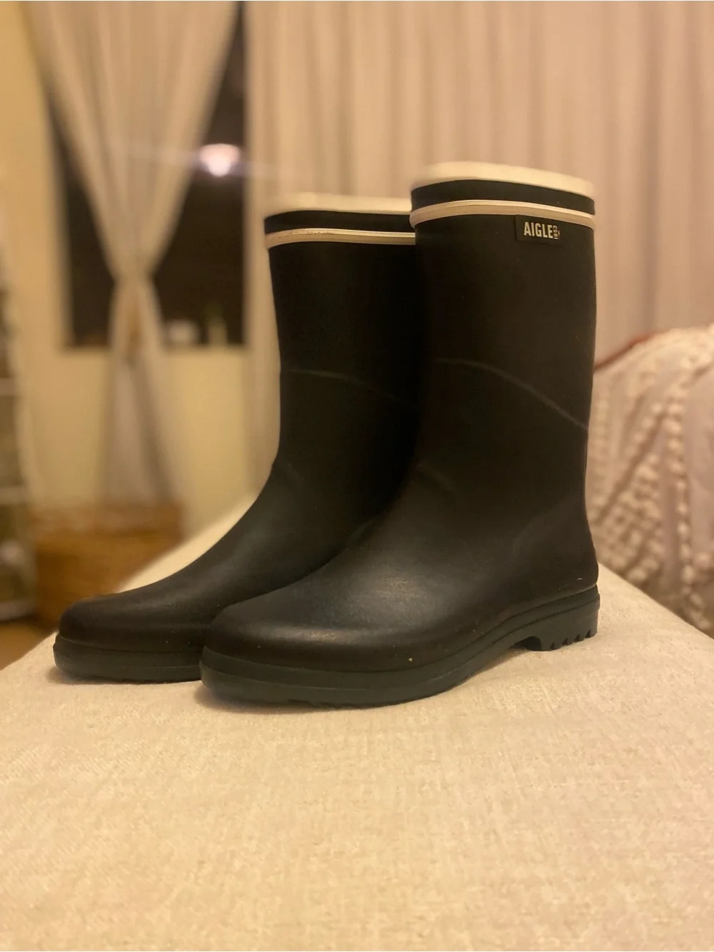 Aigle Black Rain Boots with Cream Trim